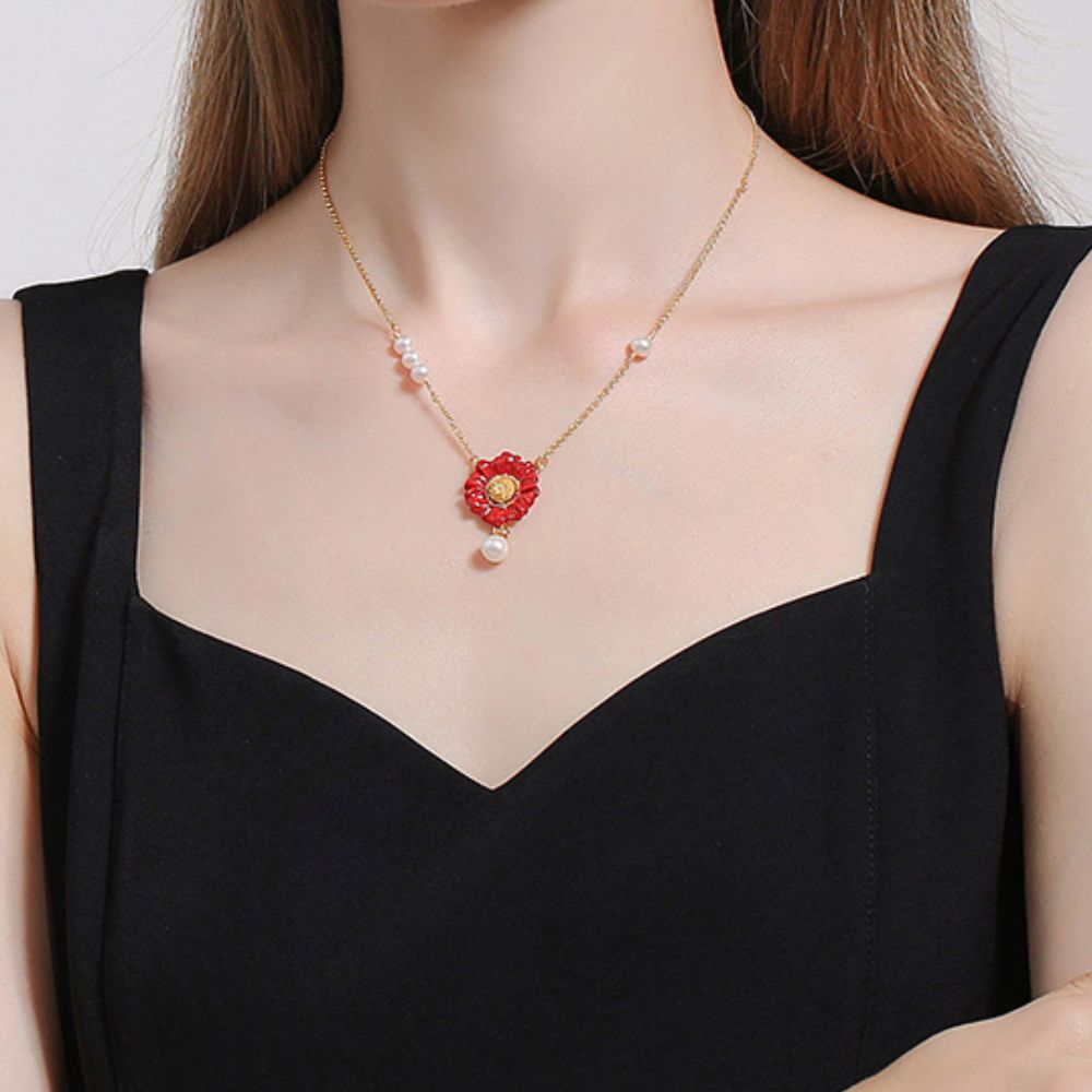 Red Daisy Pearl Drop Necklace