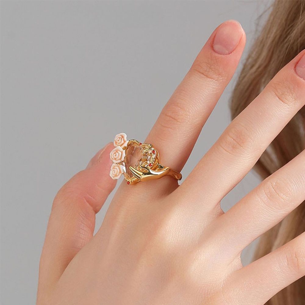 Champagne Rose Flower Heart Ring