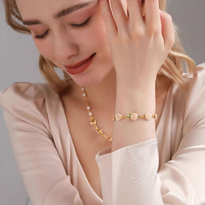 Champagne Rose Flower Pearl Bracelet