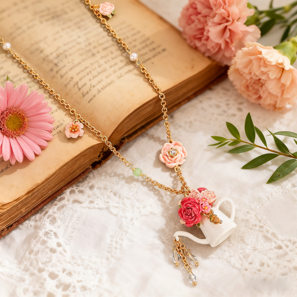 Floral Teapot Charm Necklace