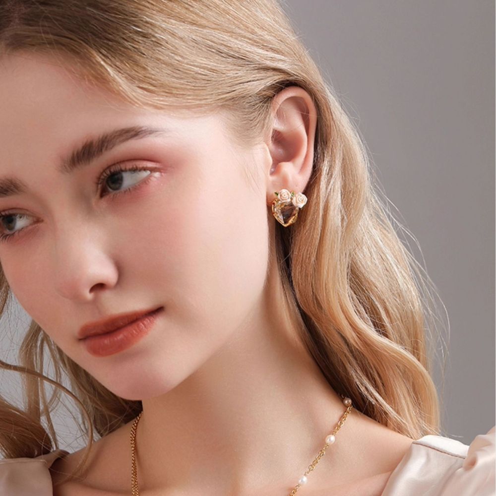 Champagne Rose Flower Heart Earrings