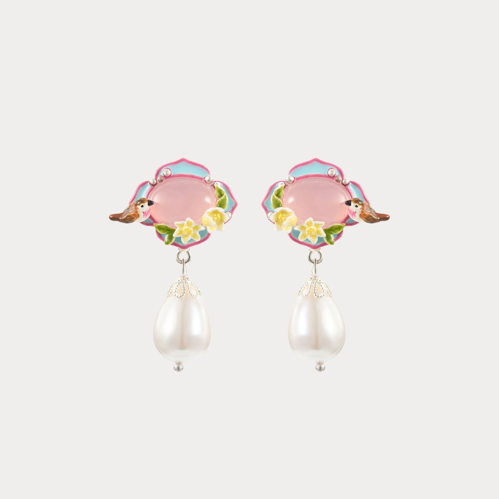 Pink Agate Garden Bird Pearl Earrings