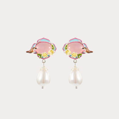 Pink Agate Garden Bird Pearl Earrings