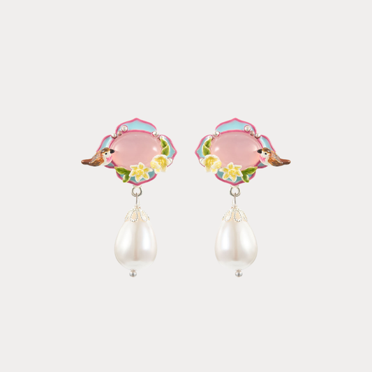 Pink Agate Garden Bird Pearl Earrings
