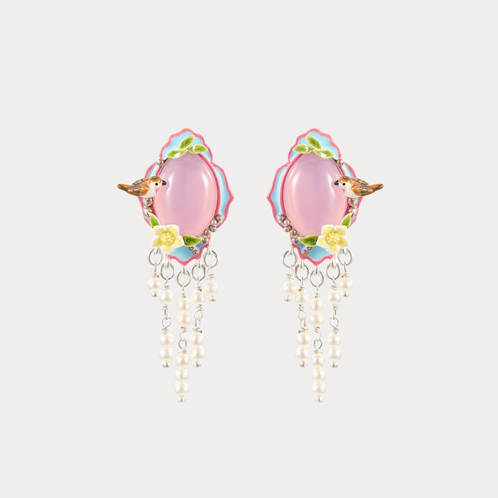 Pink Agate Garden Bird Tassel Earrings