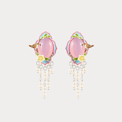 Pink Agate Garden Bird Tassel Earrings