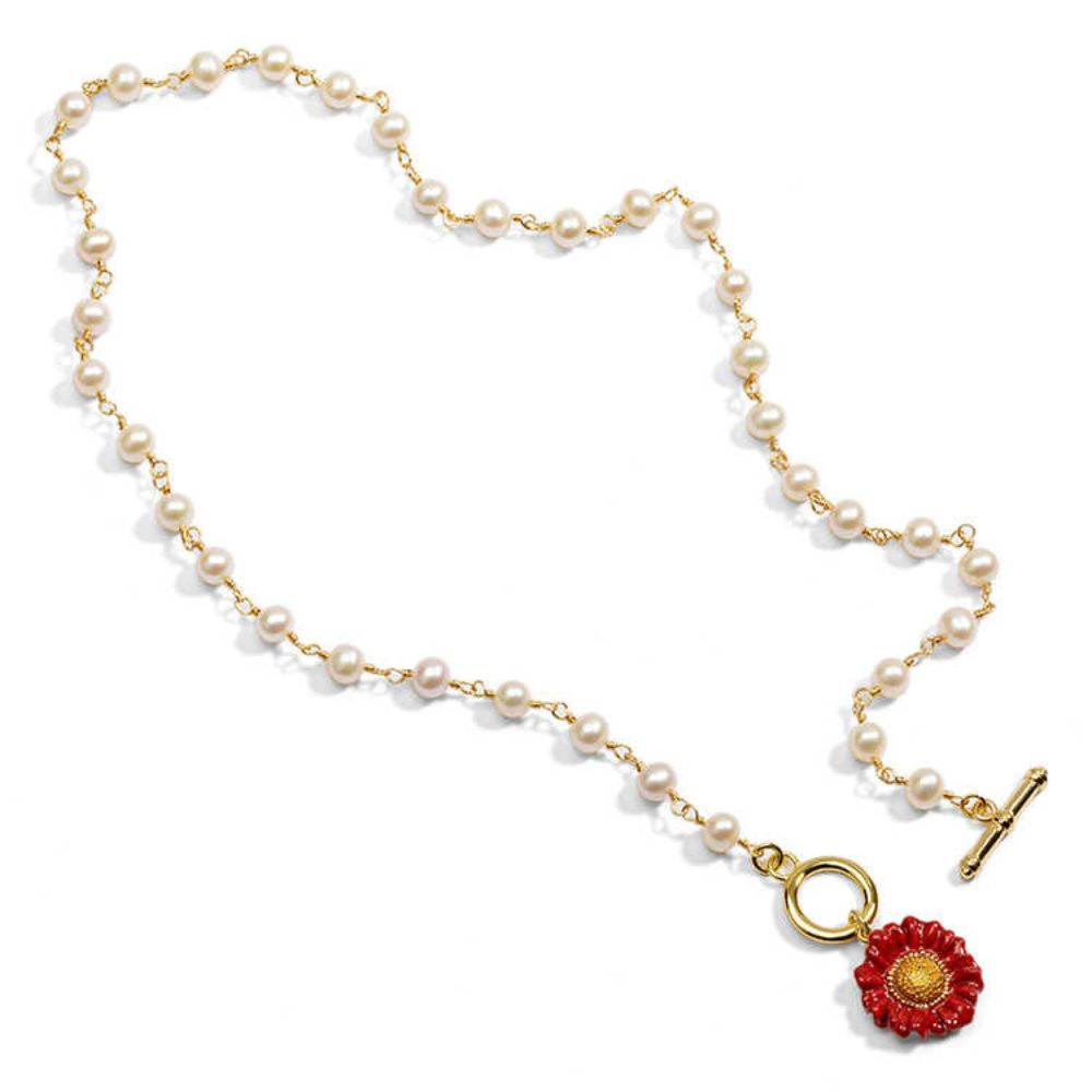 Red Daisy Toggle Pearl Necklace