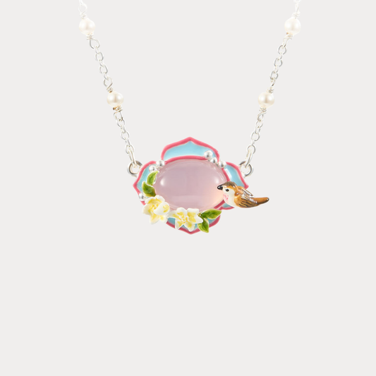 Pink Agate Garden Bird Necklace