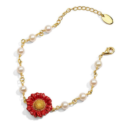 Red Daisy Pearl Bracelet