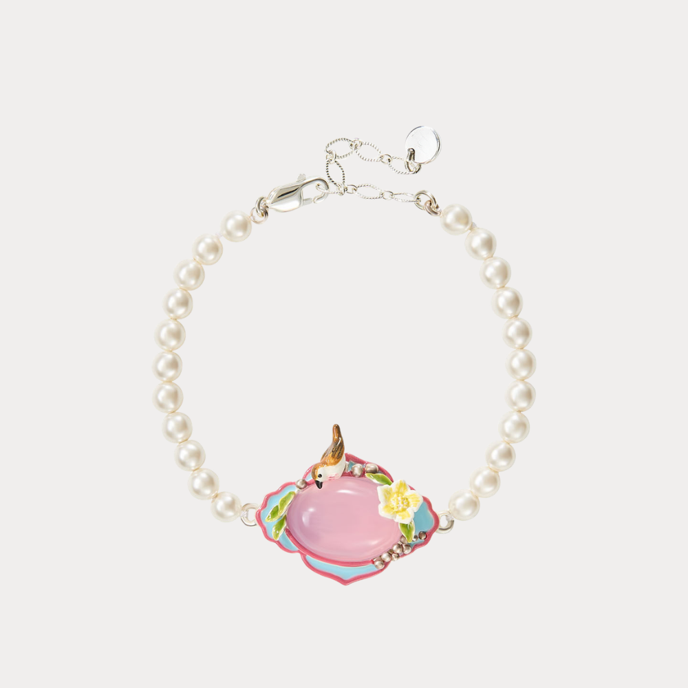 Pink Agate Garden Bird Pearl Bracelet