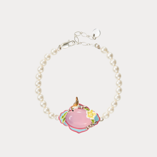 Pink Agate Garden Bird Pearl Bracelet