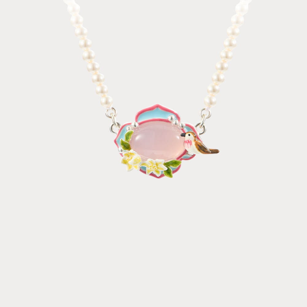 Pink Agate Garden Bird Pearl Necklace