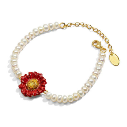 Red Daisy Pearl Bracelet