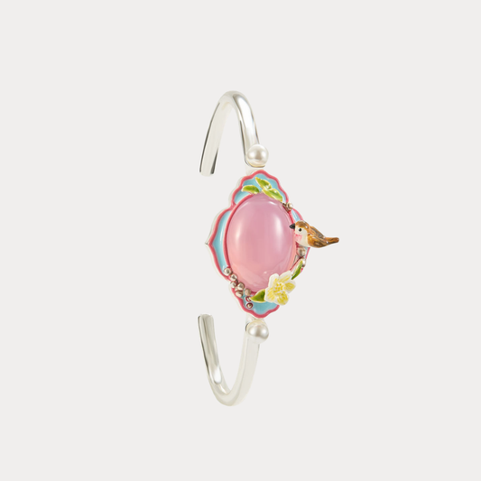 Pink Agate Garden Bird Bangle Bracelet