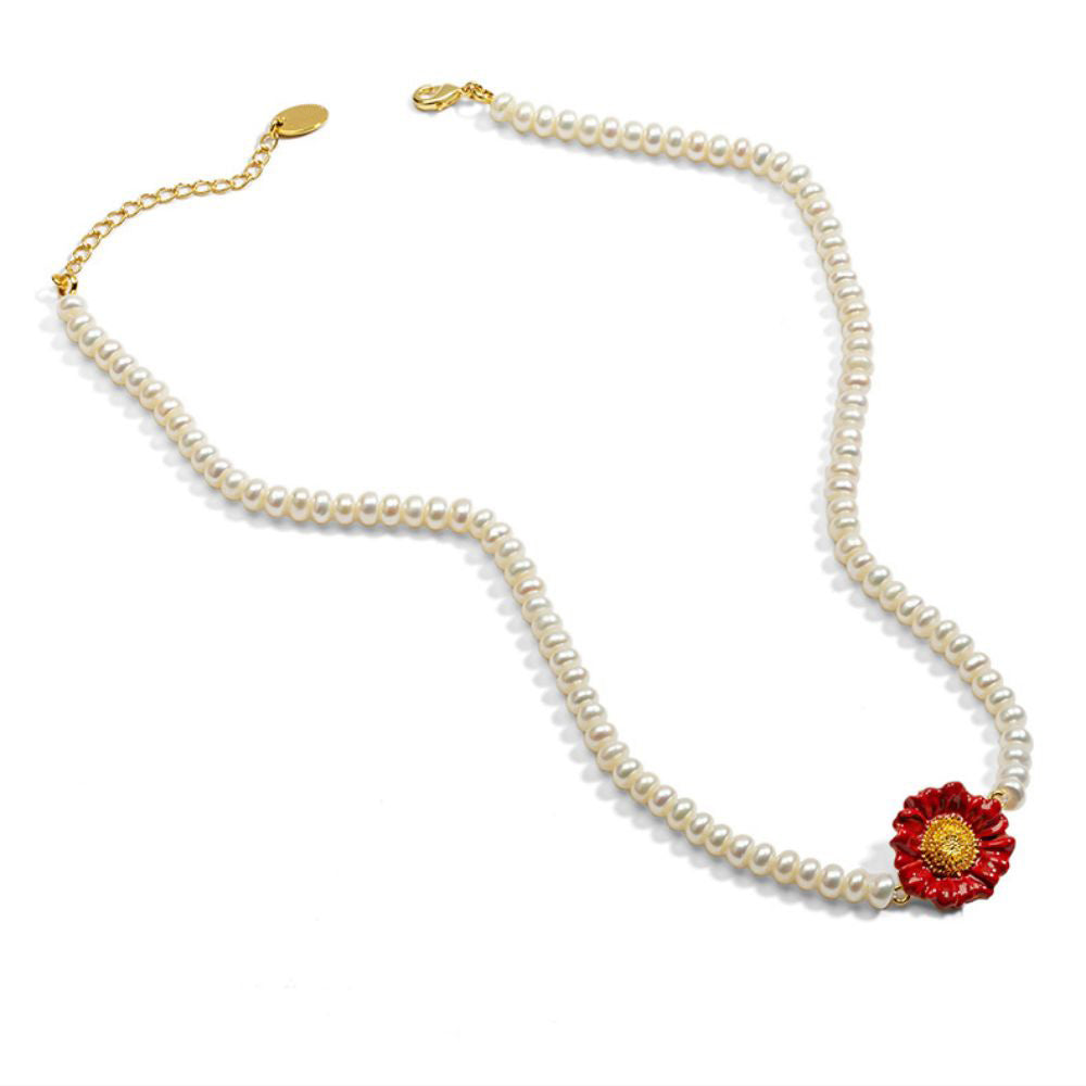 Red Daisy Pearl Necklace