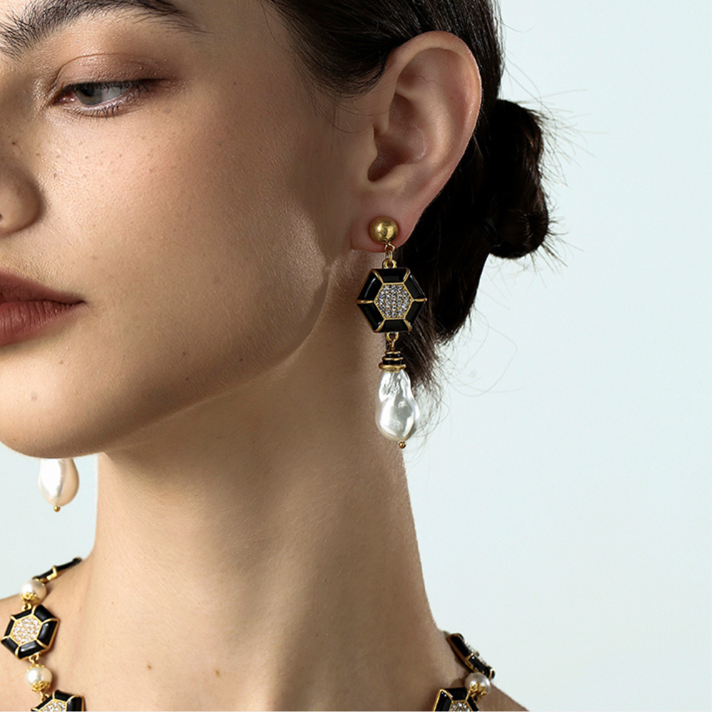 Vintage Hexagon Pearl Earrings