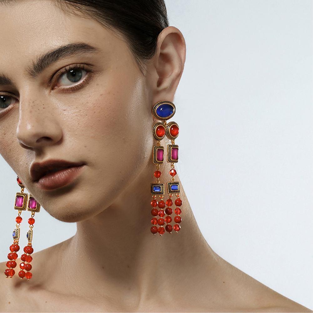 Vintage Scarlet Beaded Tassel Earrings