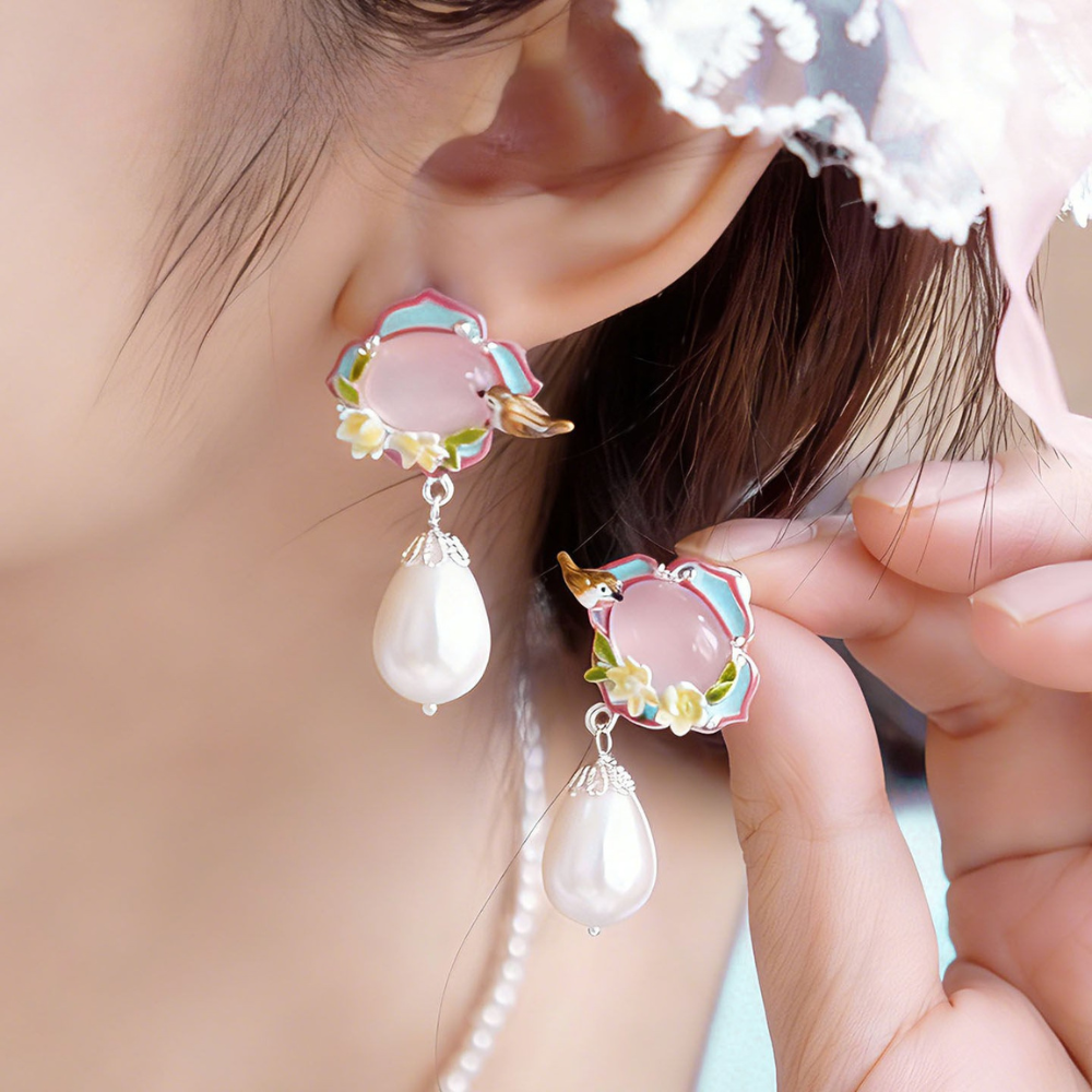 Pink Agate Garden Bird Pearl Earrings