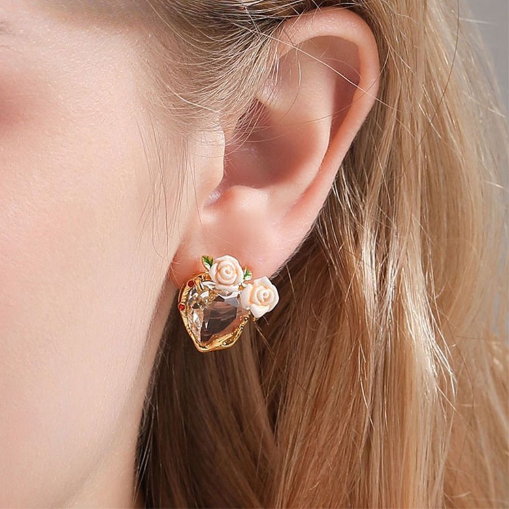 Champagne Rose Flower Heart Earrings