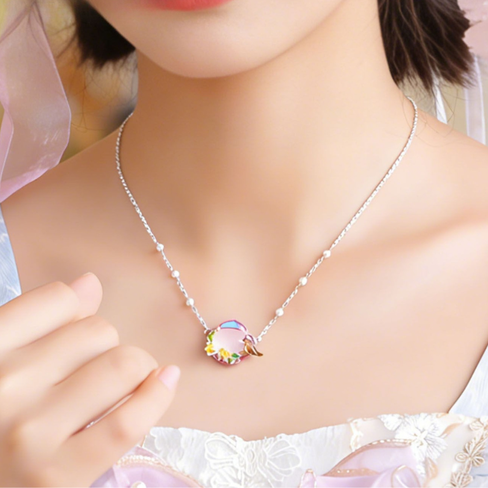 Pink Agate Garden Bird Necklace
