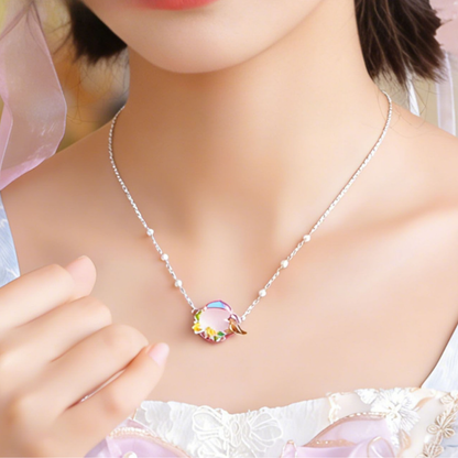 Pink Agate Garden Bird Necklace