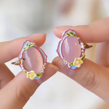 Pink Agate Garden Bird Stud Earrings