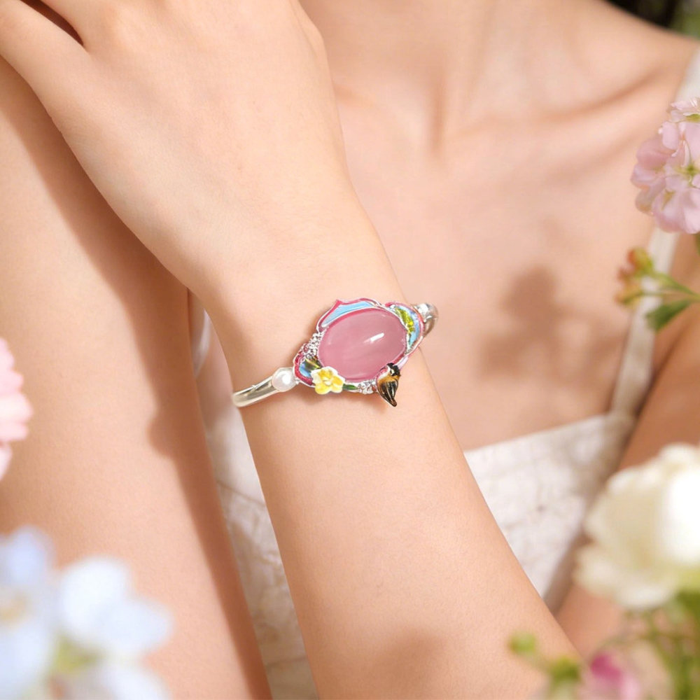 Pink Agate Garden Bird Bangle Bracelet