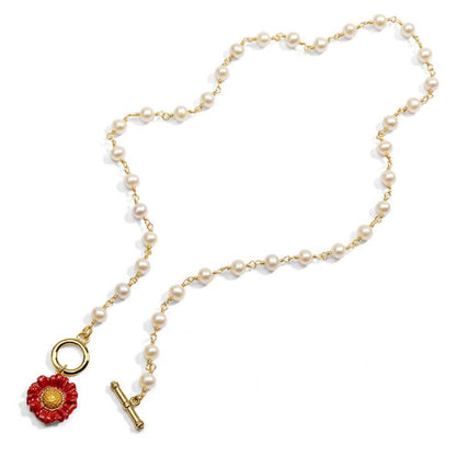 Red Daisy Toggle Pearl Necklace