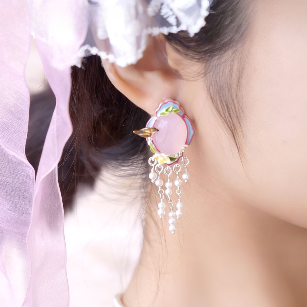 Pink Agate Garden Bird Tassel Earrings