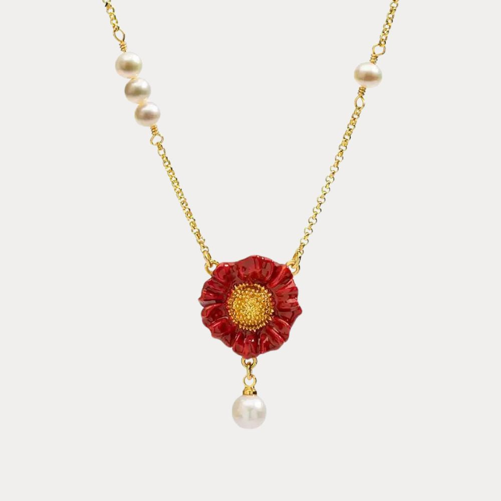 Red Daisy Pearl Drop Necklace