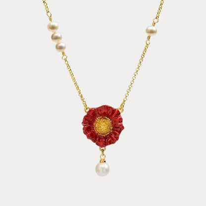 Red Daisy Pearl Drop Necklace