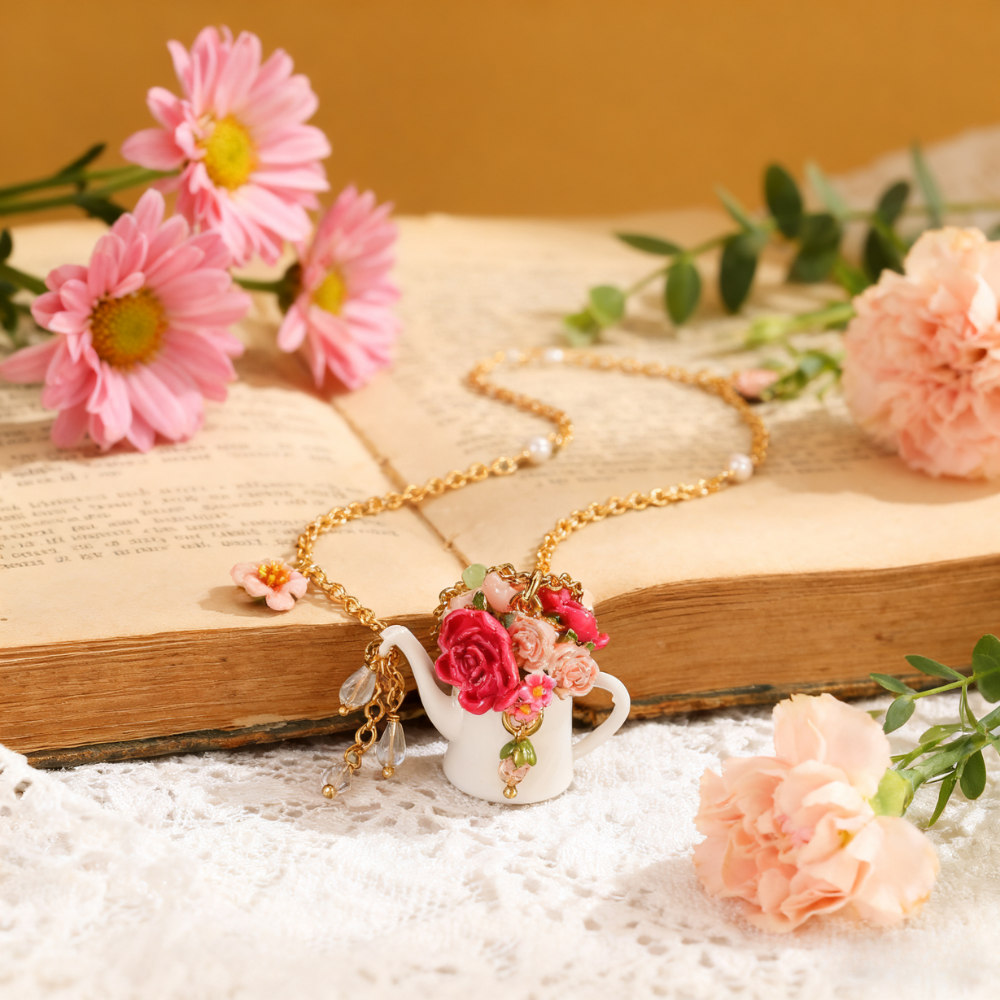 Floral Teapot Charm Necklace