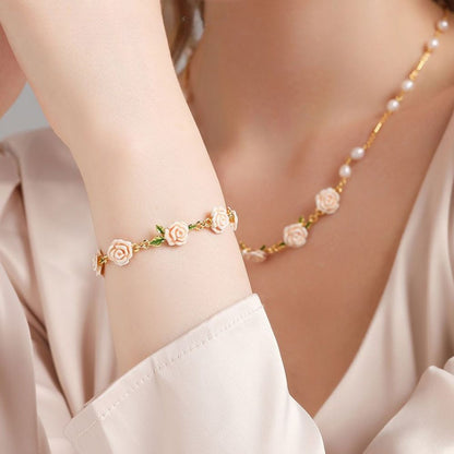 Champagne Rose Flower Pearl Bracelet