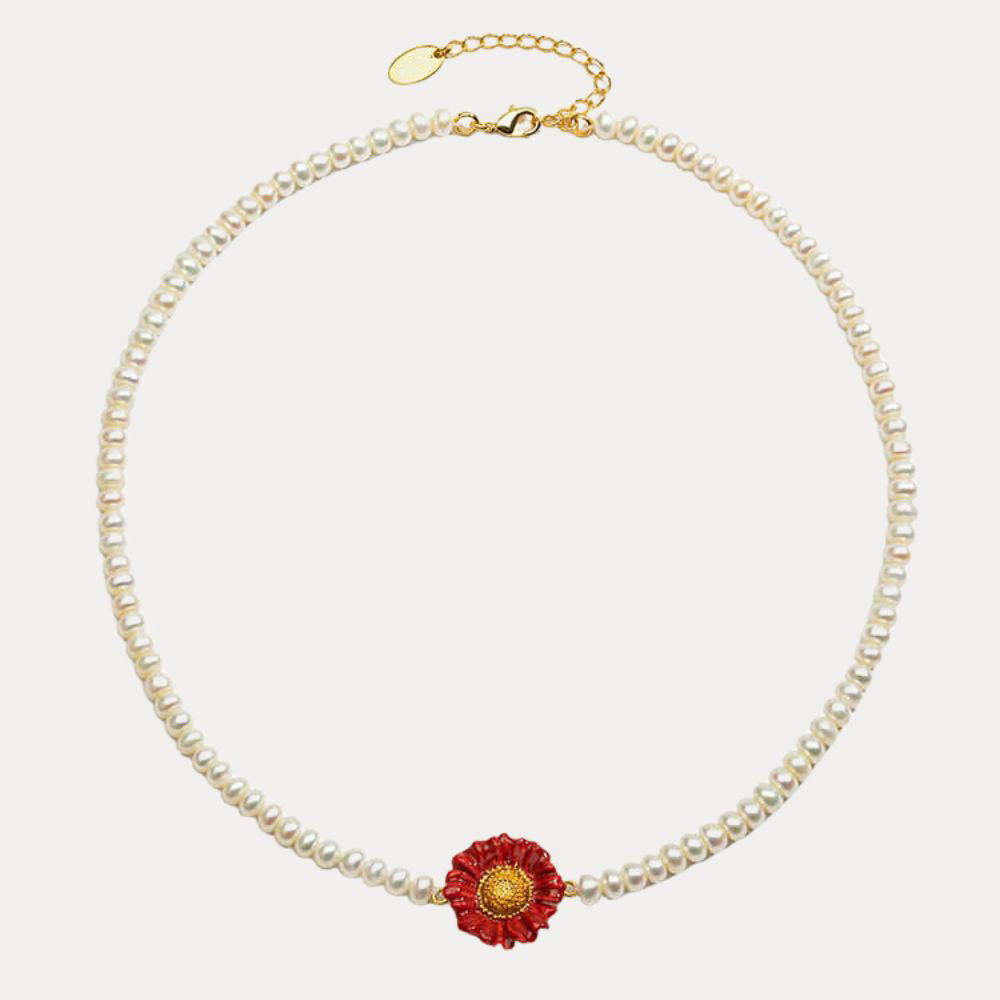 Red Daisy Pearl Necklace