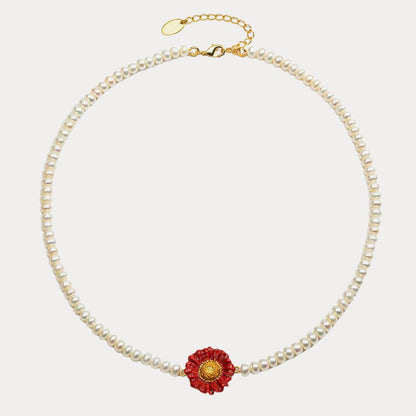 Red Daisy Pearl Necklace