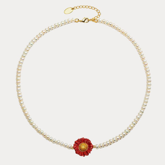 Red Daisy Pearl Necklace