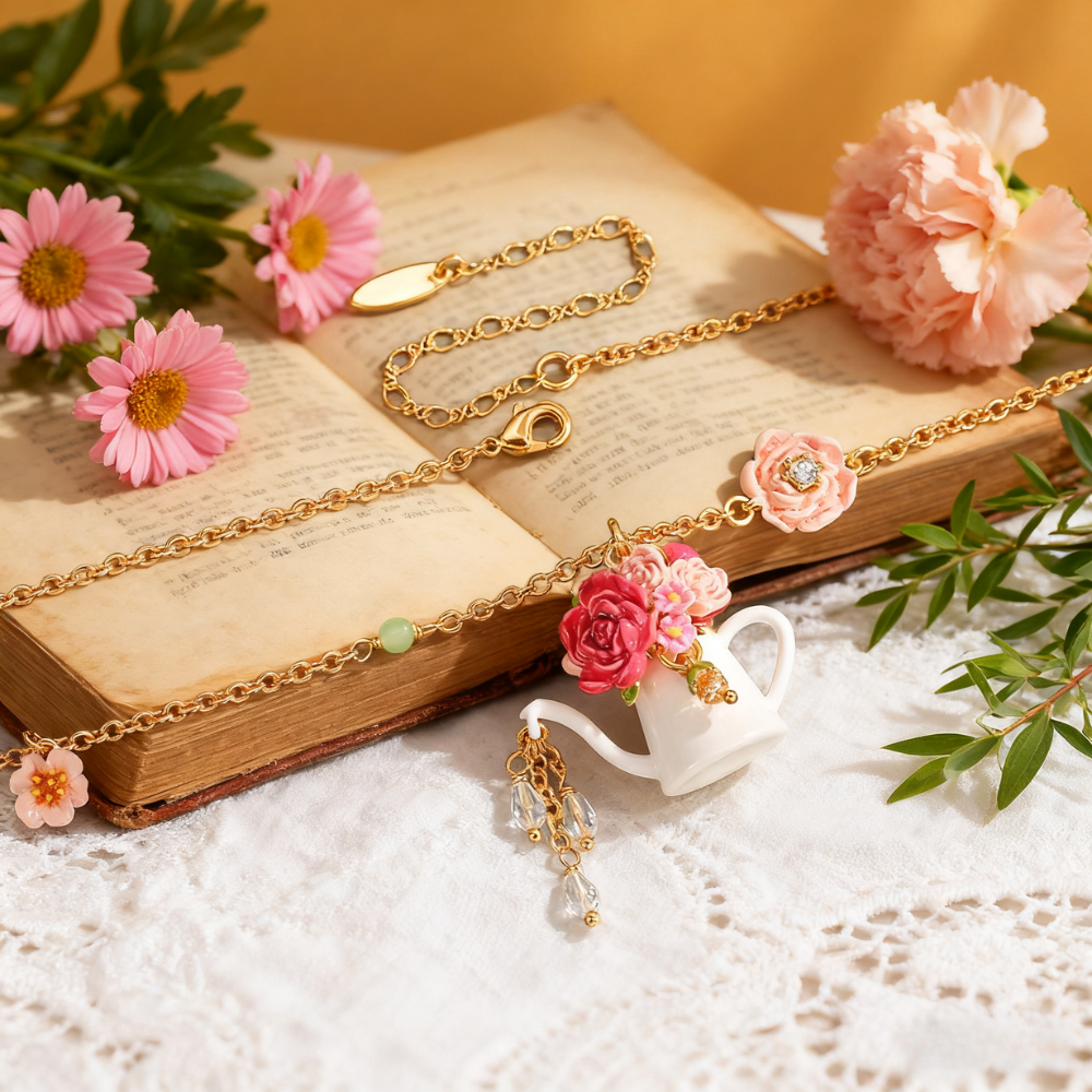 Floral Teapot Charm Necklace