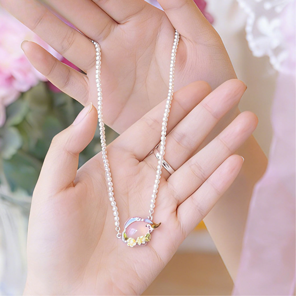 Pink Agate Garden Bird Pearl Necklace