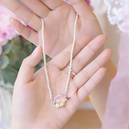 Pink Agate Garden Bird Pearl Necklace
