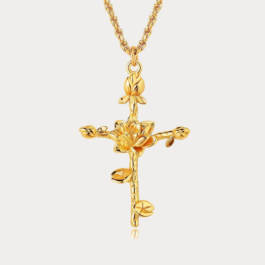 Floral Cross July Lotus Birth Flower Necklace