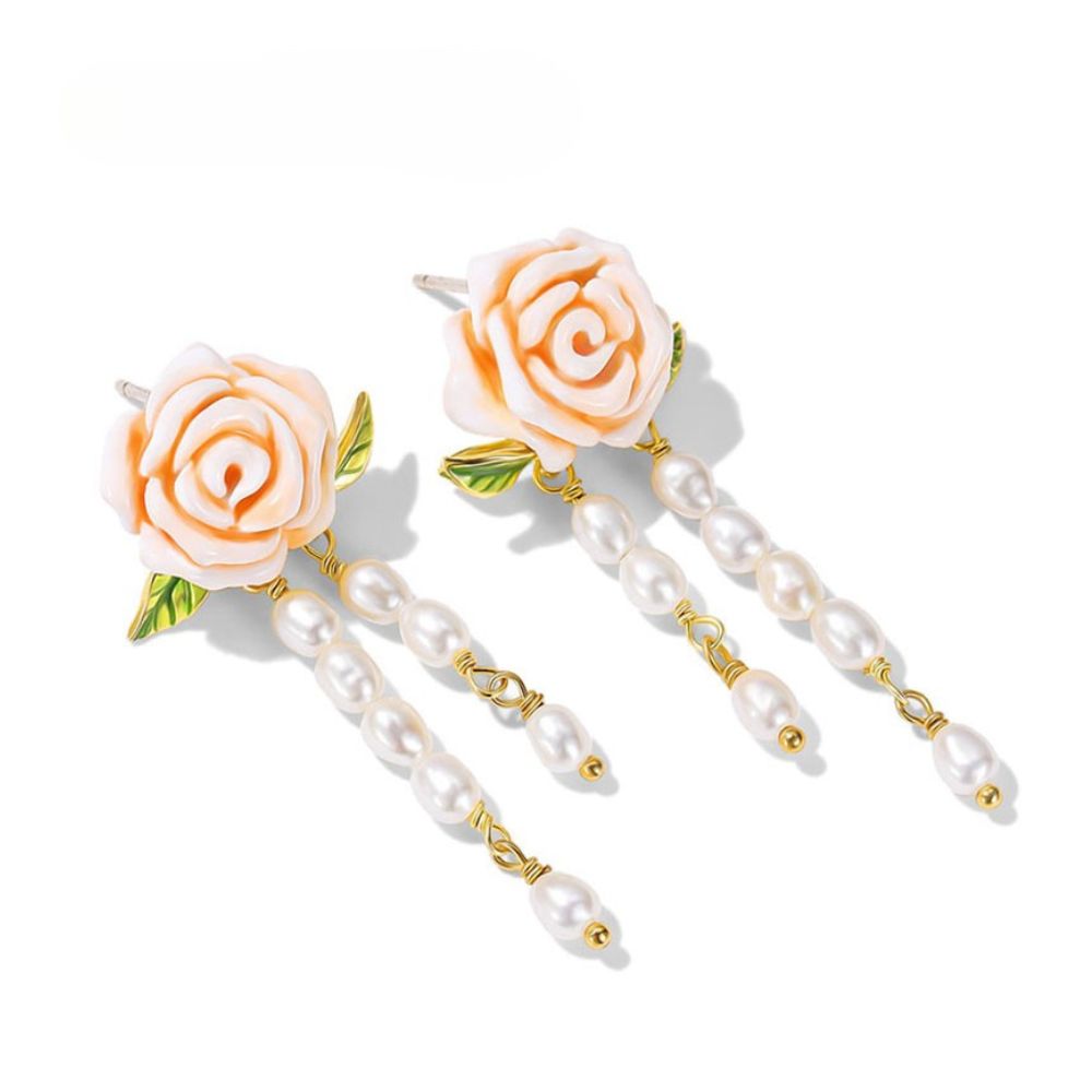 Champagne Rose Flower Pearl Earrings