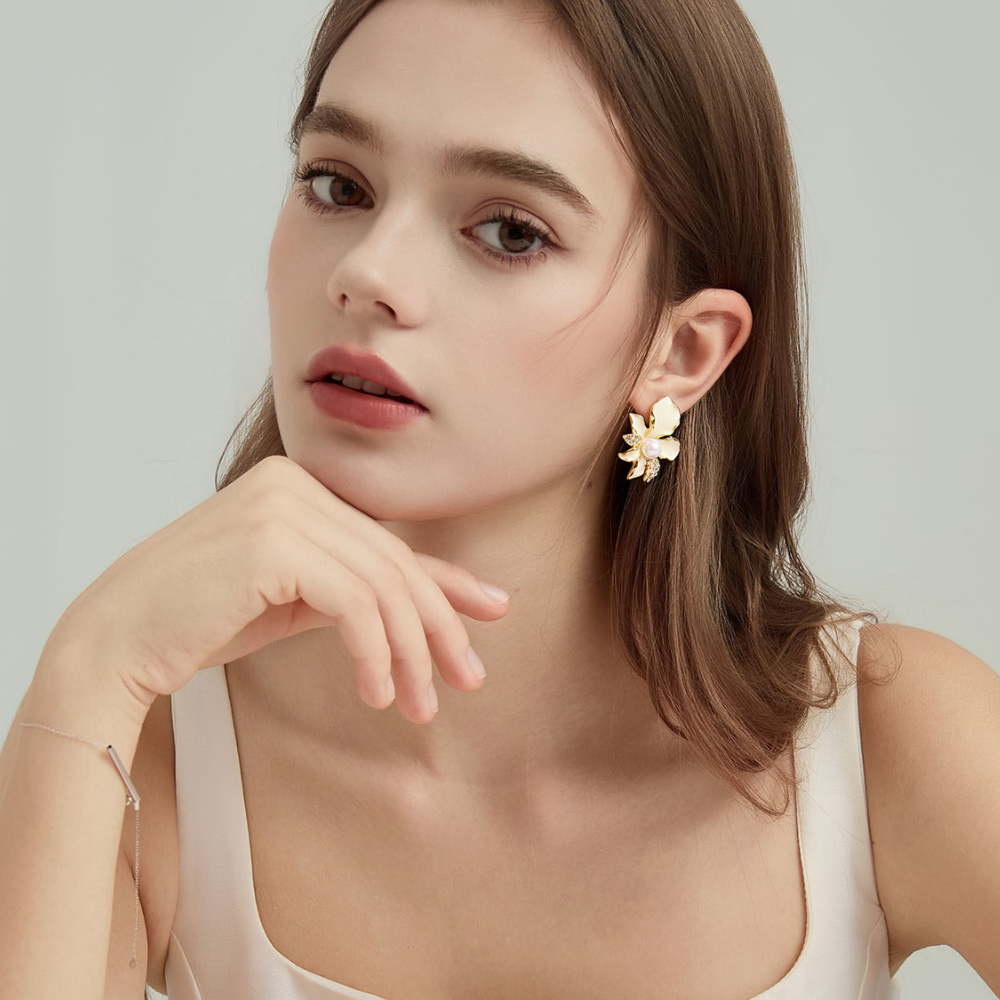 White Iris Flower Stud Earrings