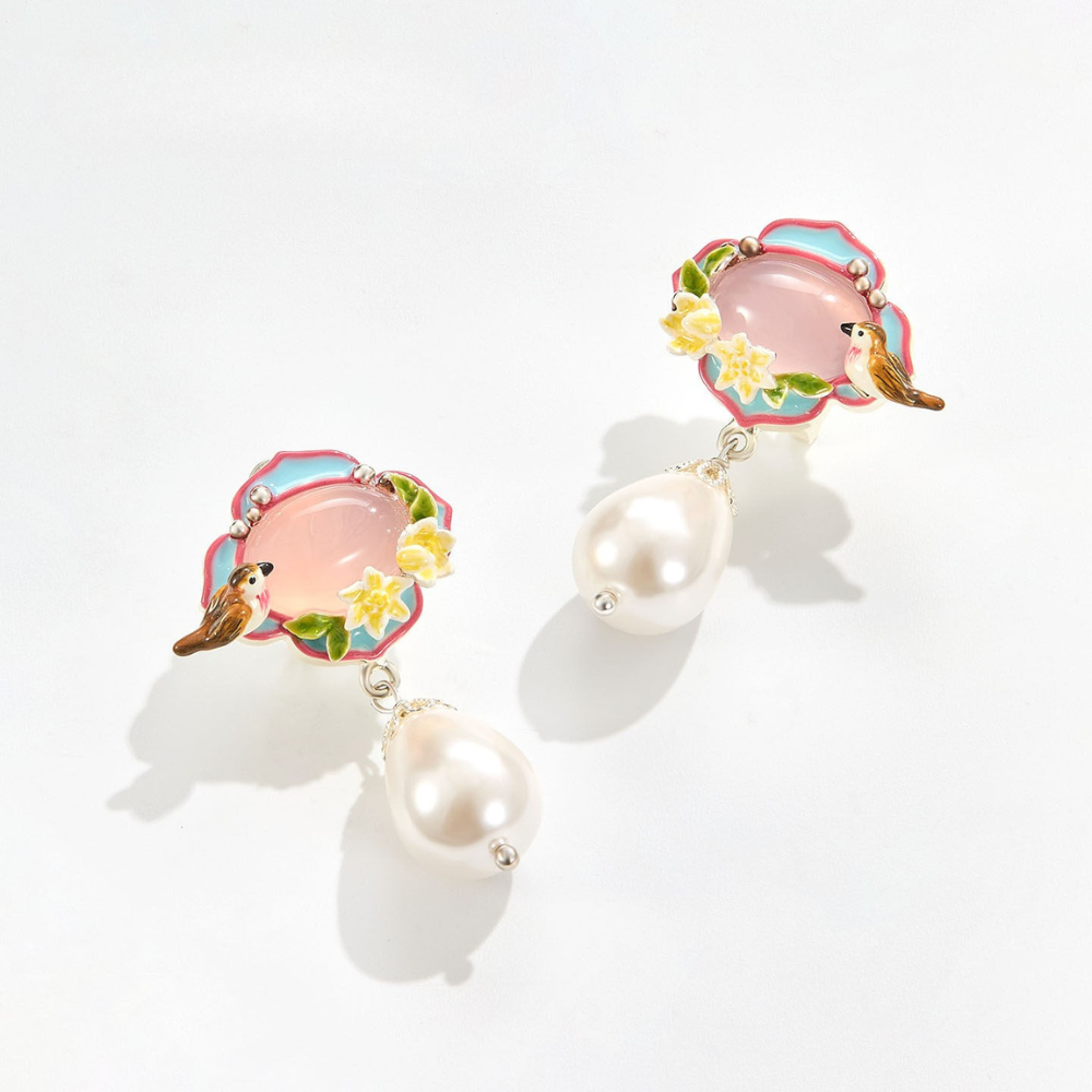 Pink Agate Garden Bird Pearl Earrings
