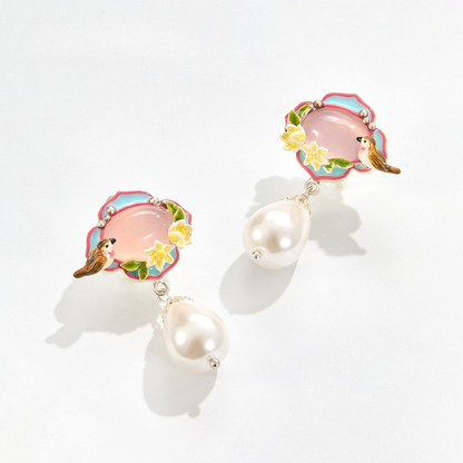Pink Agate Garden Bird Pearl Earrings