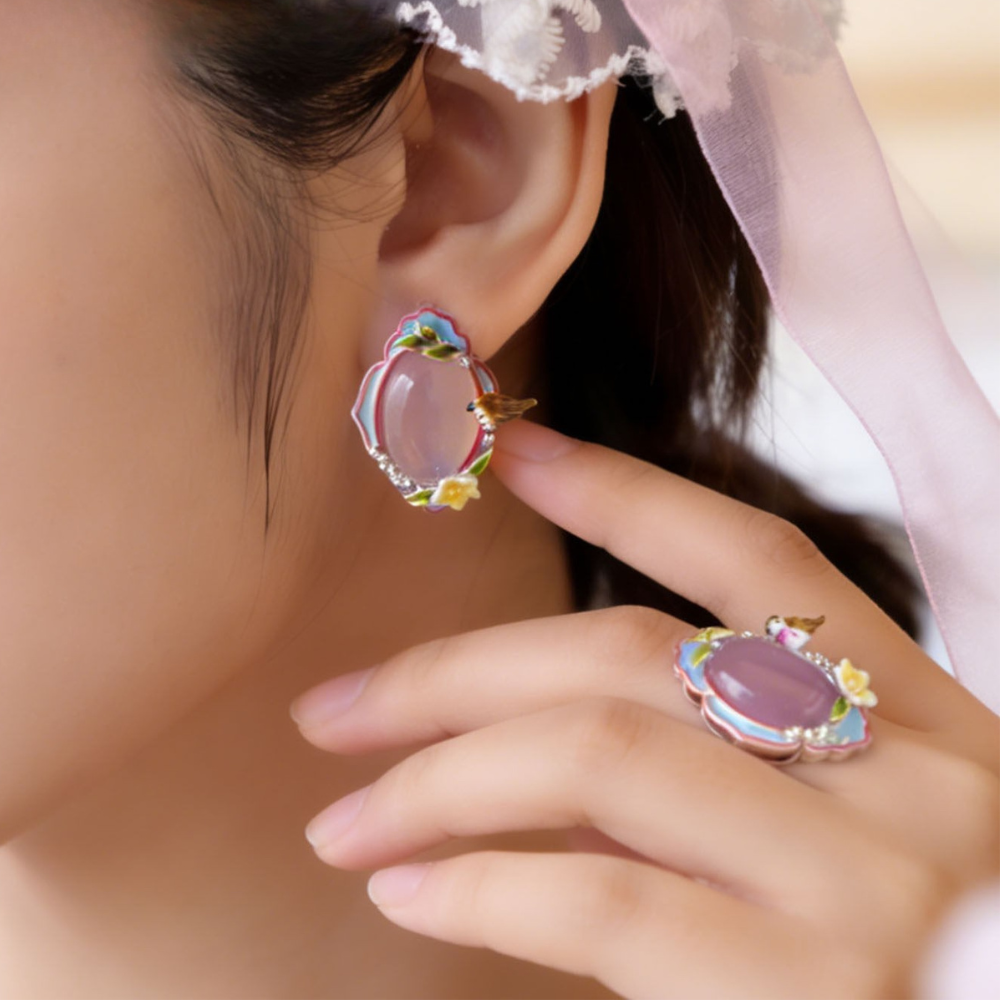 Pink Agate Garden Bird Stud Earrings