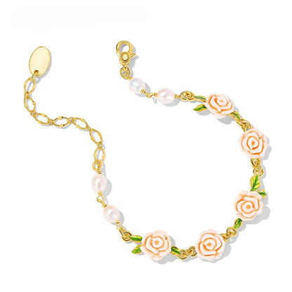Champagne Rose Flower Pearl Bracelet