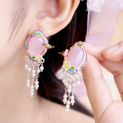 Pink Agate Garden Bird Tassel Earrings