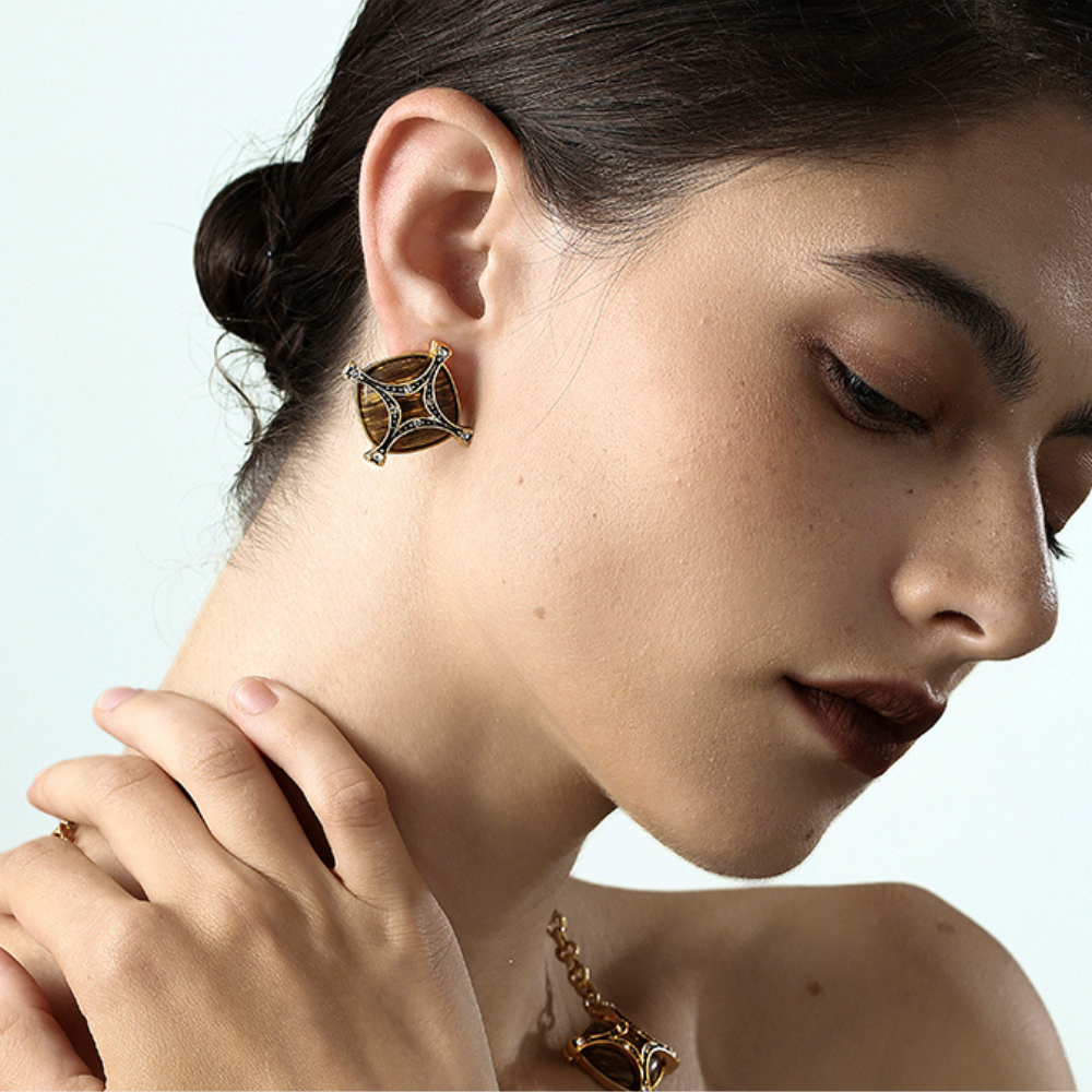 Vintage Cross Lattice Chrysoberyl Earrings