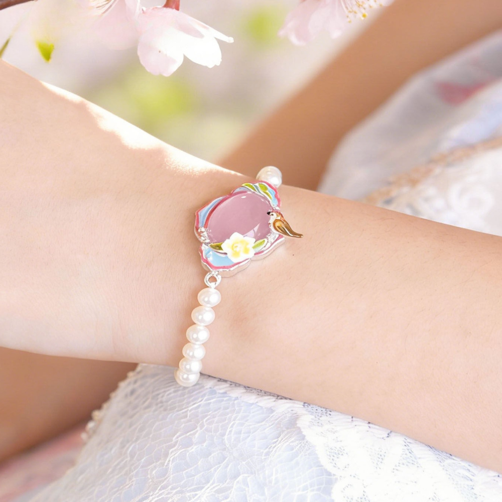 Pink Agate Garden Bird Pearl Bracelet