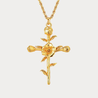 Floral Cross August Poppy Birth Flower Necklace